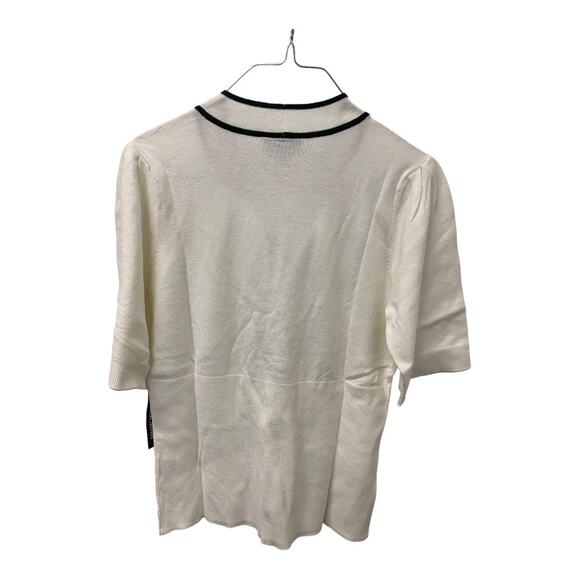 ModCloth Bow Thyself Tie Neck Knit Top LARGE White Black Short Sleeve Retro Chic - Picture 5 of 6